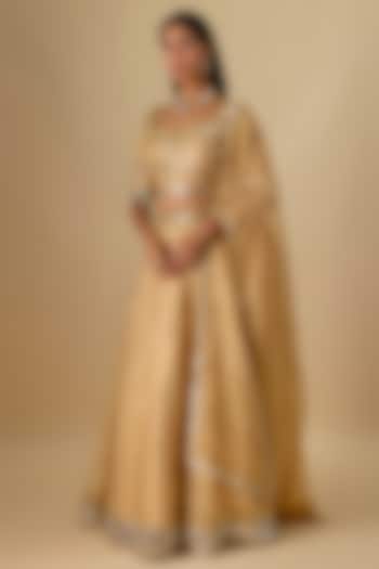 Gold Crushed Tissue Silk Mirror Hand Embroidered Wedding Lehenga Set by Essay by Sumedha Agrawal at Pernia's Pop Up Shop