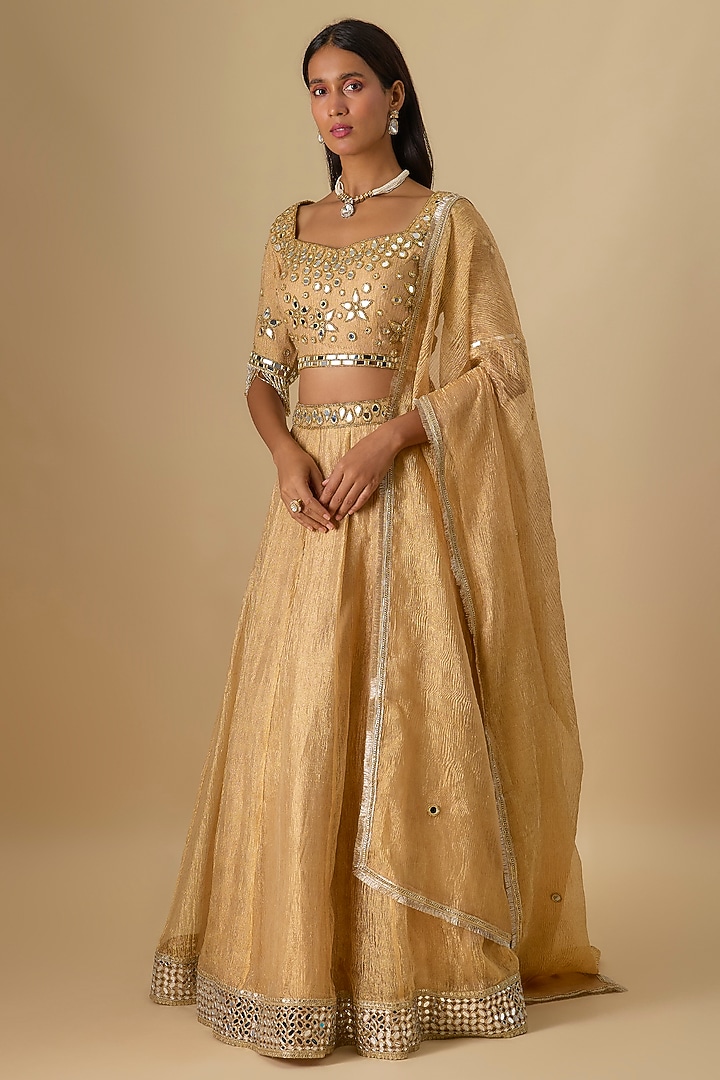 Gold Crushed Tissue Silk Mirror Hand Embroidered Wedding Lehenga Set by Essay by Sumedha Agrawal at Pernia's Pop Up Shop