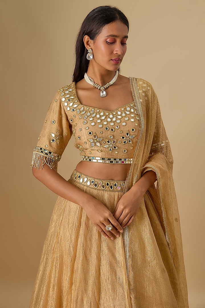 Gold Crushed Tissue Silk Mirror Hand Embroidered Wedding Lehenga Set by Essay by Sumedha Agrawal at Pernia's Pop Up Shop