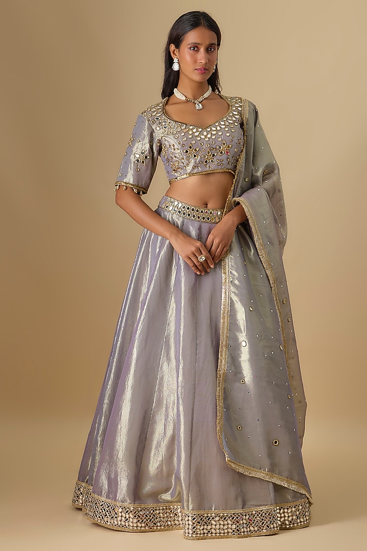 Grey Crushed Tissue Silk Hand Embroidered Wedding Lehenga Set by Essay by Sumedha Agrawal at Pernia's Pop Up Shop