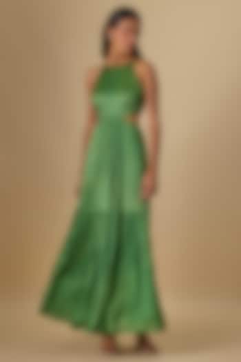 Olive Green Bemberg Chiffon Tiered Maxi Summer Dress by Essay by Sumedha Agrawal at Pernia's Pop Up Shop