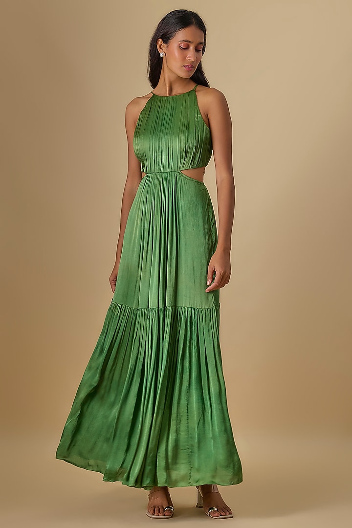 Olive Green Bemberg Chiffon Tiered Maxi Summer Dress by Essay by Sumedha Agrawal at Pernia's Pop Up Shop