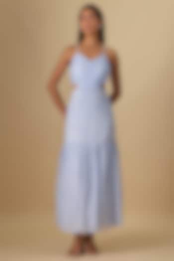 Blue Viscose Chiffon Floral Printed Maxi Tiered Summer Dress by Essay by Sumedha Agrawal at Pernia's Pop Up Shop