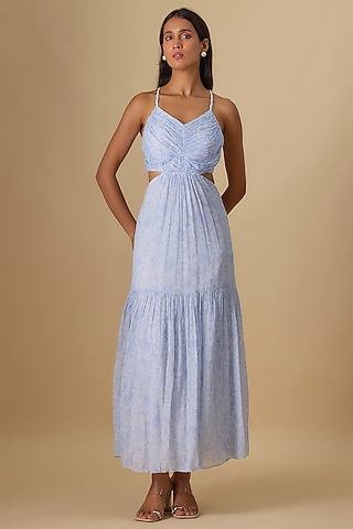 Blue Viscose Chiffon Floral Printed Maxi Tiered Dress by Essay by Sumedha Agrawal
