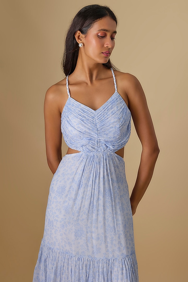 Blue Viscose Chiffon Floral Printed Maxi Tiered Summer Dress by Essay by Sumedha Agrawal at Pernia's Pop Up Shop