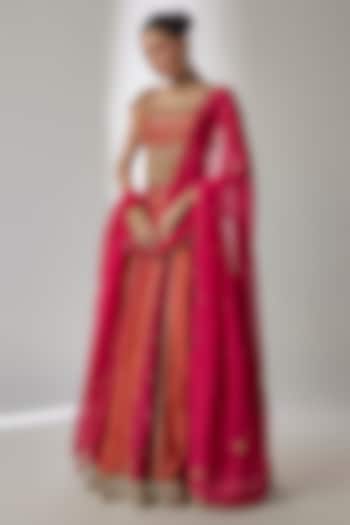 Red & Rust Silk Chanderi Sequin Embroidered Wedding Lehenga Set by Essay by Sumedha Agrawal at Pernia's Pop Up Shop