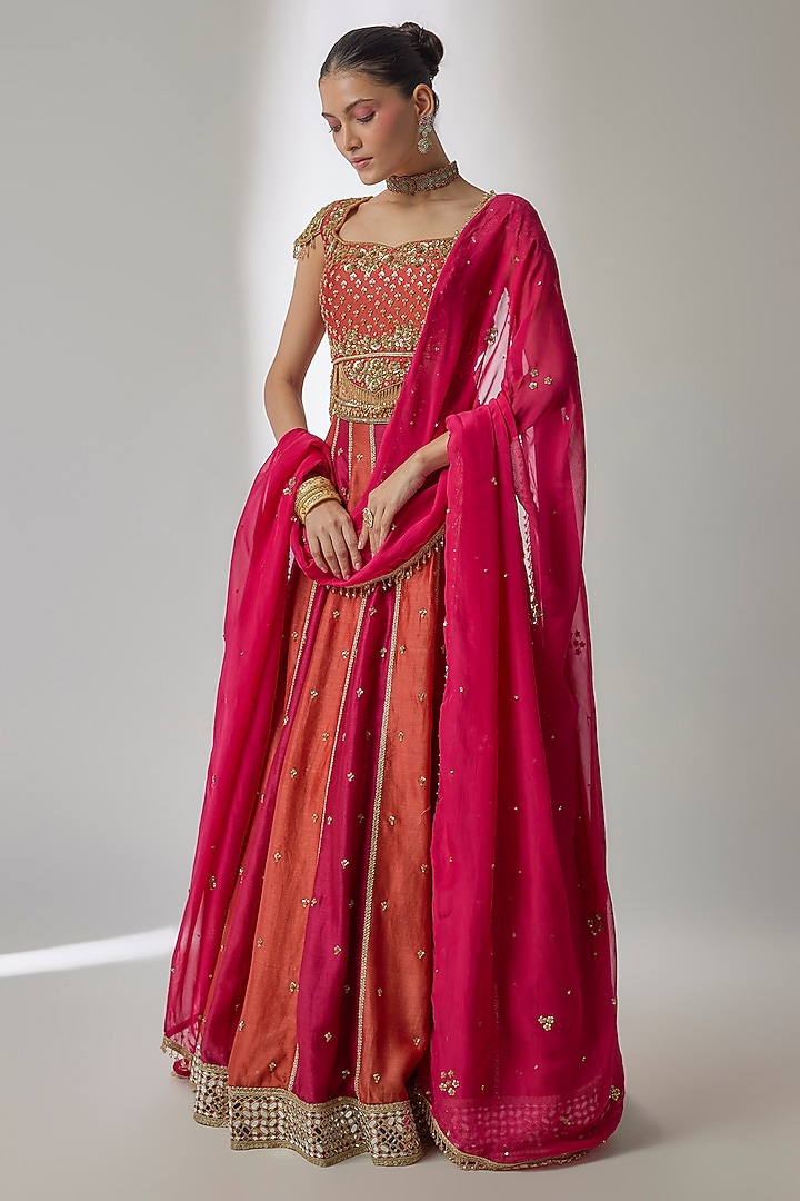 Red & Rust Silk Chanderi Sequin Embroidered Wedding Lehenga Set by Essay by Sumedha Agrawal at Pernia's Pop Up Shop