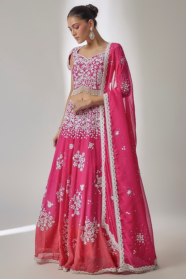 Pink & Orange Viscose Organza Sequin Embroidered Wedding Lehenga Set by Essay by Sumedha Agrawal at Pernia's Pop Up Shop