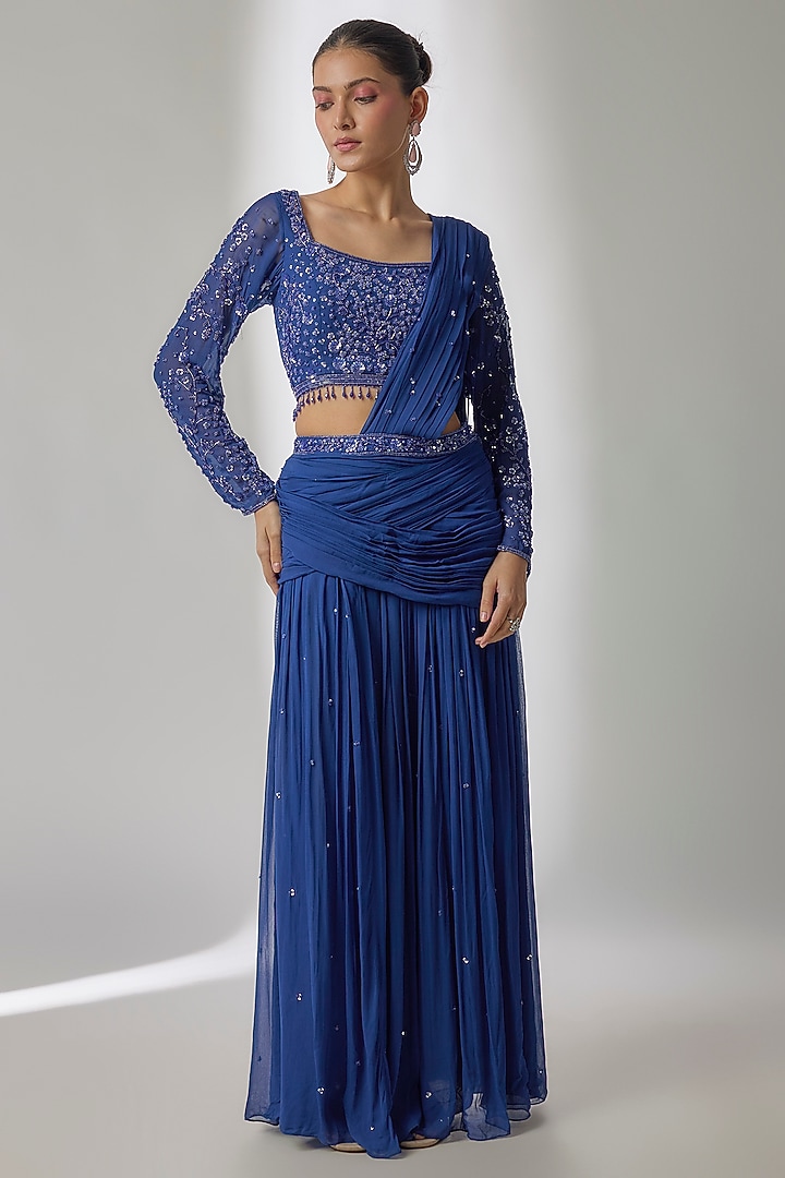Blue Viscose Georgette Hand Embroidered Pre-Stitched Wedding Saree Set by Essay by Sumedha Agrawal at Pernia's Pop Up Shop