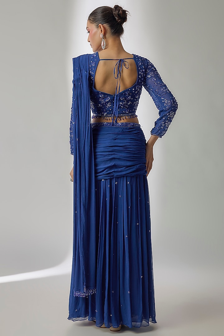 Blue Viscose Georgette Hand Embroidered Pre-Stitched Wedding Saree Set by Essay by Sumedha Agrawal at Pernia's Pop Up Shop