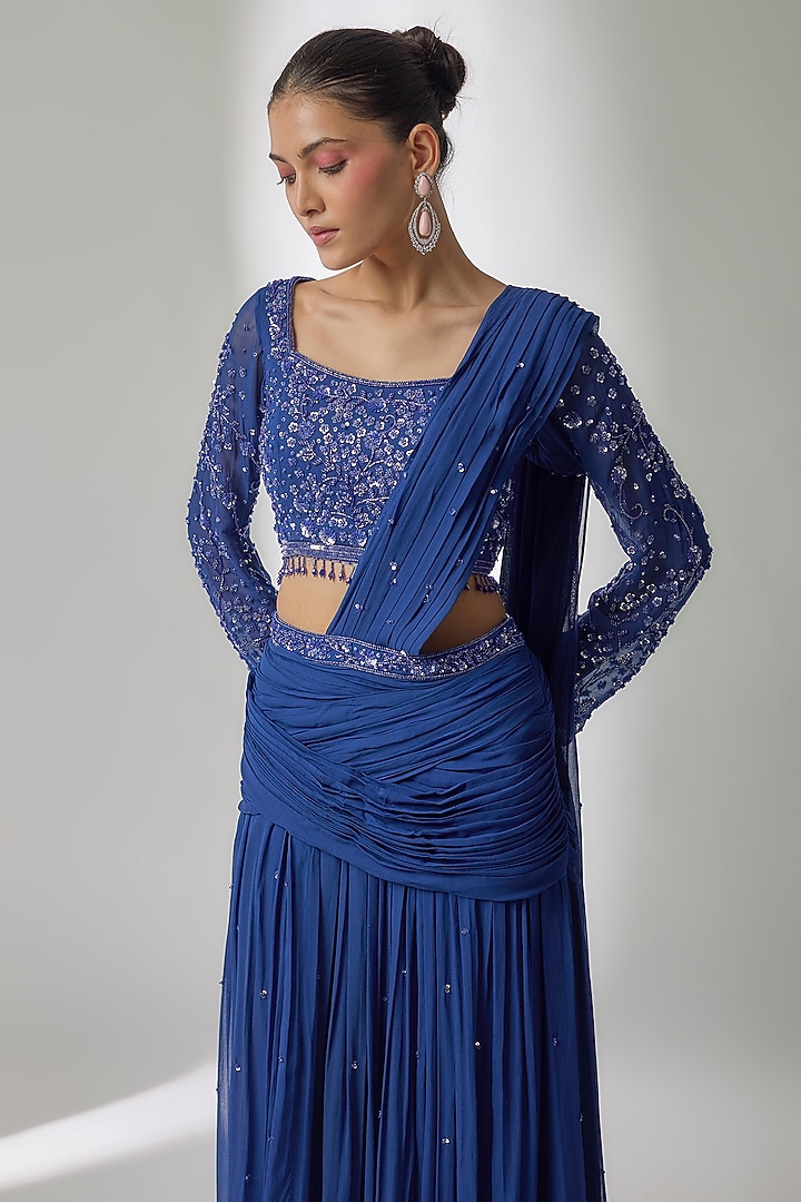Blue Viscose Georgette Hand Embroidered Pre-Stitched Wedding Saree Set by Essay by Sumedha Agrawal at Pernia's Pop Up Shop