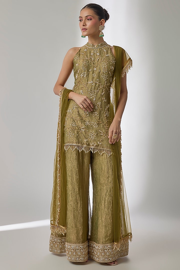 Green Crushed Silk Tissue Sequin Embroidered Kalidar Wedding Sharara Set by Essay by Sumedha Agrawal at Pernia's Pop Up Shop