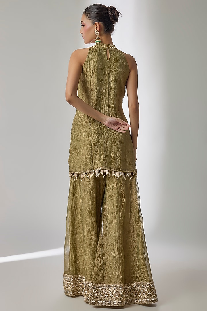 Green Crushed Silk Tissue Sequin Embroidered Kalidar Wedding Sharara Set by Essay by Sumedha Agrawal at Pernia's Pop Up Shop