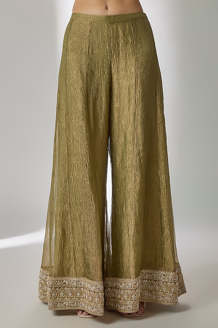 Green Crushed Silk Tissue Sequin Embroidered Kalidar Wedding Sharara Set by Essay by Sumedha Agrawal at Pernia's Pop Up Shop