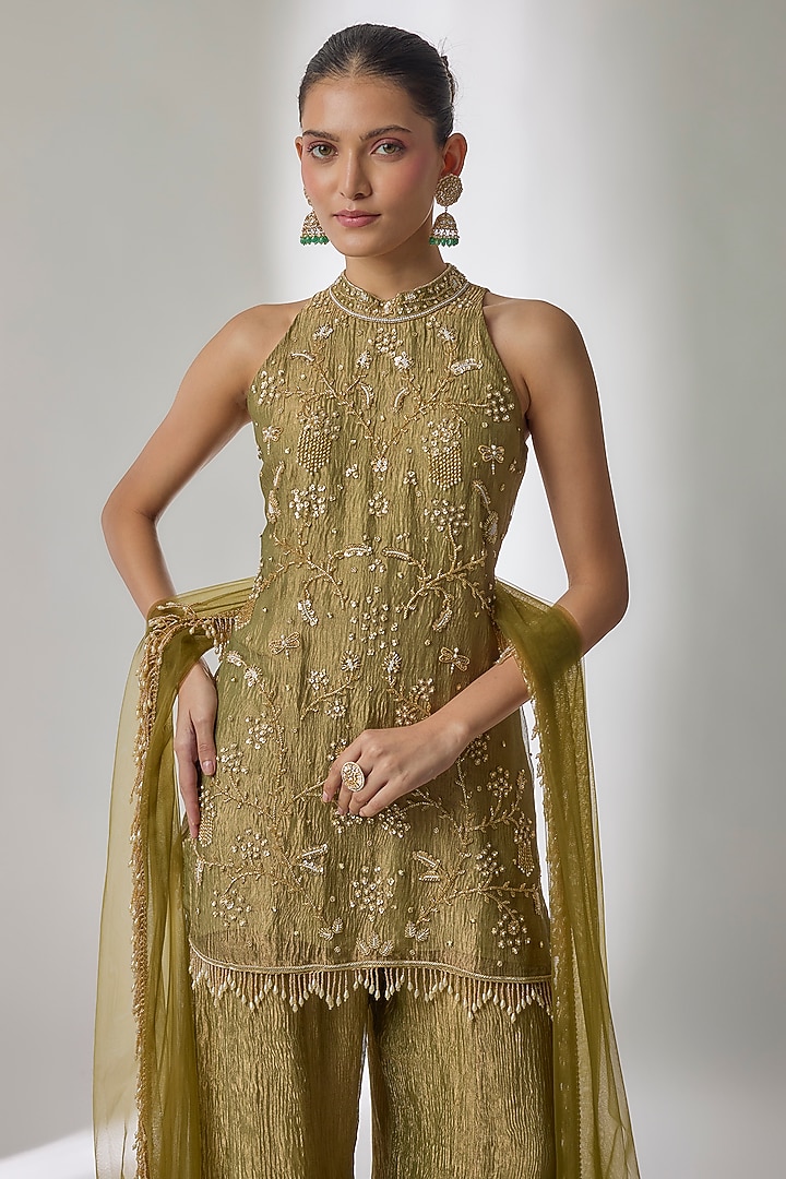 Green Crushed Silk Tissue Sequin Embroidered Kalidar Wedding Sharara Set by Essay by Sumedha Agrawal at Pernia's Pop Up Shop