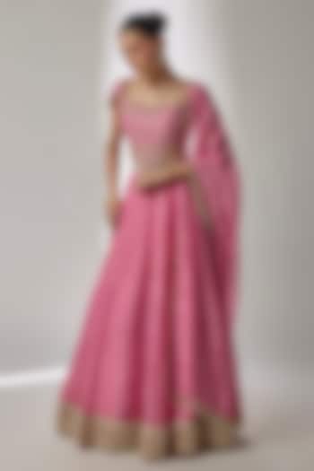 Pink Crushed Silk Tissue Pearl Embroidered Kalidar Wedding Lehenga Set by Essay by Sumedha Agrawal at Pernia's Pop Up Shop