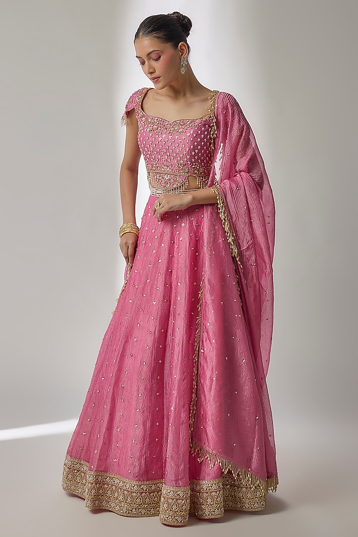 Pink Crushed Silk Tissue Pearl Embroidered Kalidar Wedding Lehenga Set by Essay by Sumedha Agrawal at Pernia's Pop Up Shop