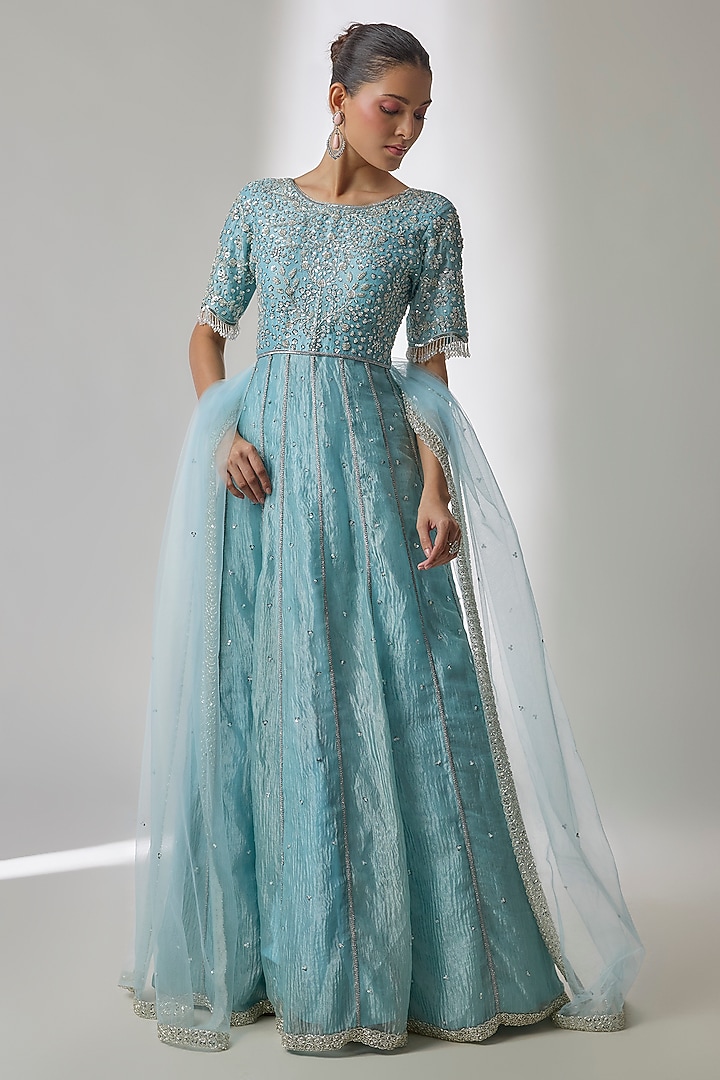 Blue Crushed Tissue Silk Hand Embroidered Wedding Anarkali Set by Essay by Sumedha Agrawal at Pernia's Pop Up Shop