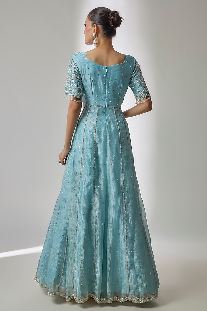 Blue Crushed Tissue Silk Hand Embroidered Wedding Anarkali Set by Essay by Sumedha Agrawal at Pernia's Pop Up Shop