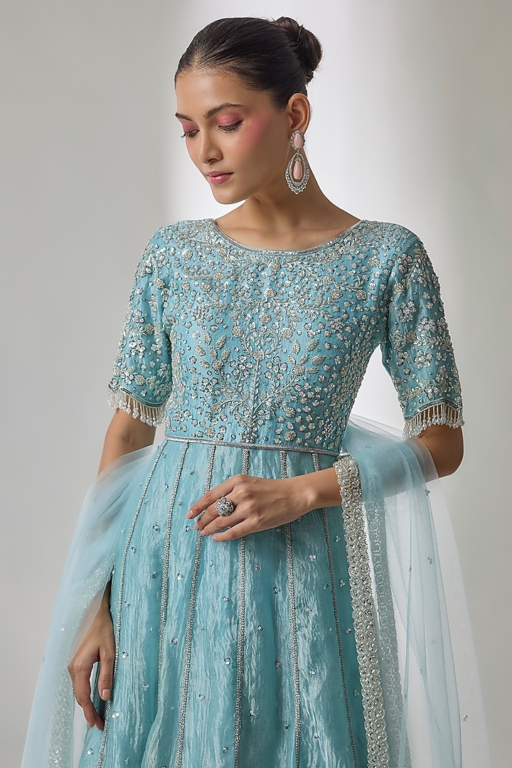 Blue Crushed Tissue Silk Hand Embroidered Wedding Anarkali Set by Essay by Sumedha Agrawal at Pernia's Pop Up Shop