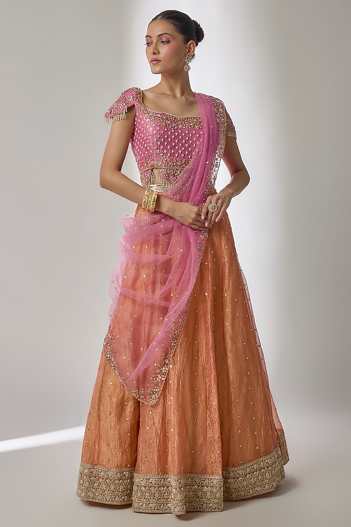 Orange Crushed Silk Tissue Glass Beads Hand Embroidered Wedding Lehenga Set by Essay by Sumedha Agrawal at Pernia's Pop Up Shop