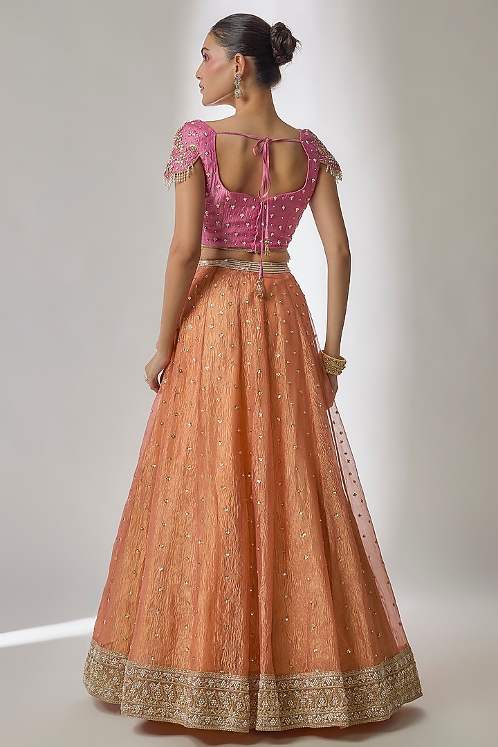 Orange Crushed Silk Tissue Glass Beads Hand Embroidered Wedding Lehenga Set by Essay by Sumedha Agrawal at Pernia's Pop Up Shop
