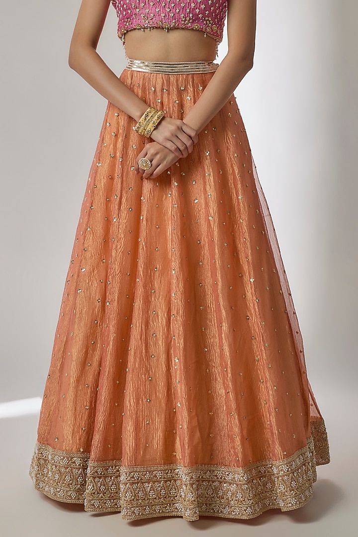Orange Crushed Silk Tissue Glass Beads Hand Embroidered Wedding Lehenga Set by Essay by Sumedha Agrawal at Pernia's Pop Up Shop