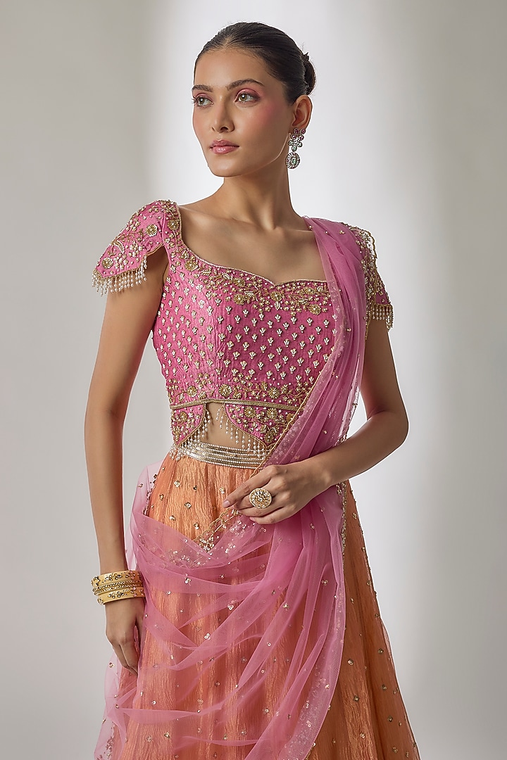 Orange Crushed Silk Tissue Glass Beads Hand Embroidered Wedding Lehenga Set by Essay by Sumedha Agrawal at Pernia's Pop Up Shop
