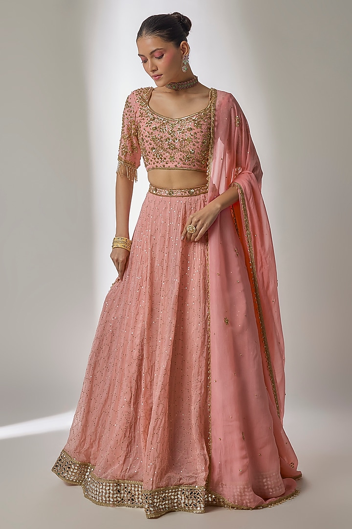 Peach Viscose Organza Sequin Embellished Wedding Lehenga Set by Essay by Sumedha Agrawal at Pernia's Pop Up Shop
