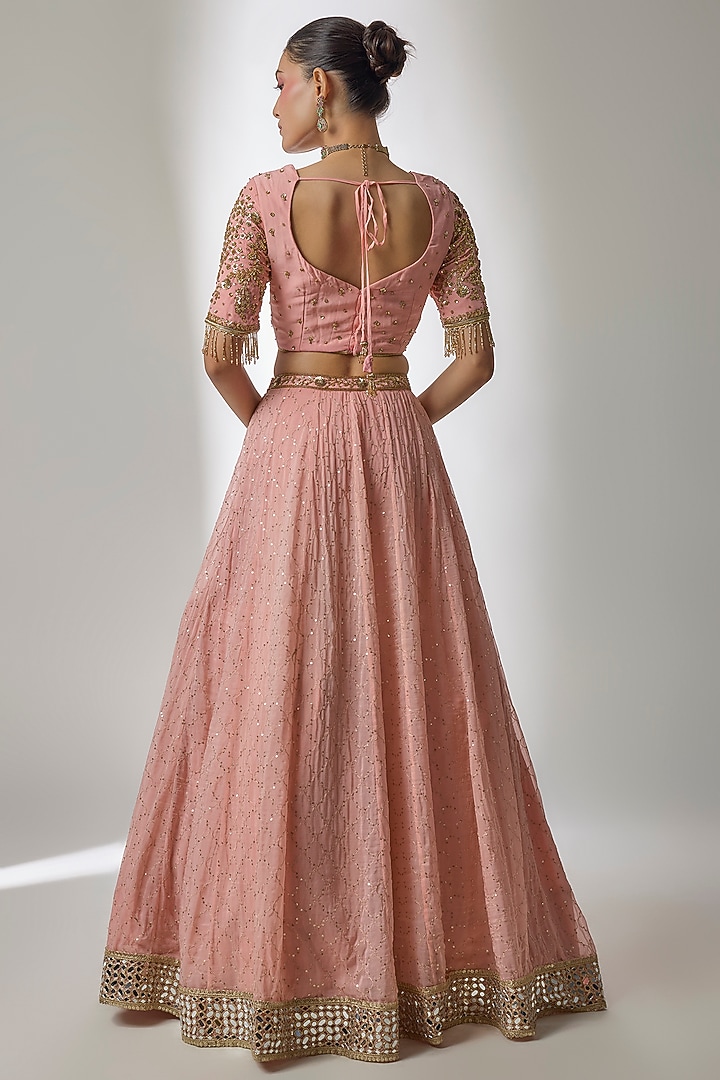 Peach Viscose Organza Sequin Embellished Wedding Lehenga Set by Essay by Sumedha Agrawal at Pernia's Pop Up Shop