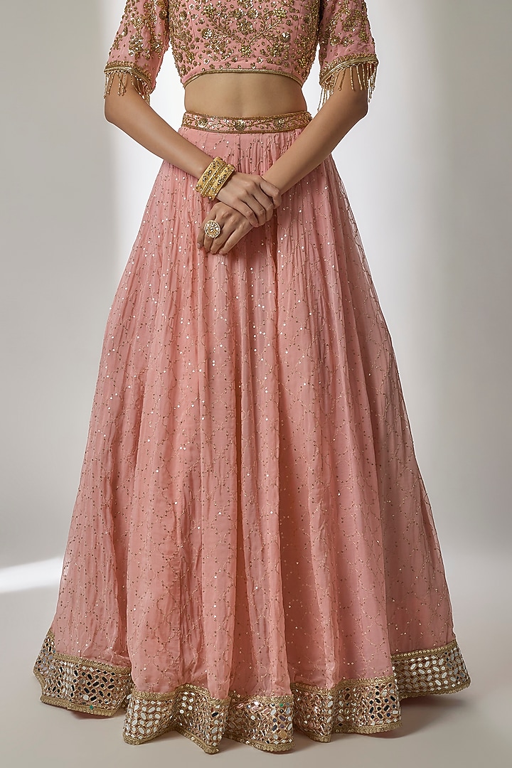 Peach Viscose Organza Sequin Embellished Wedding Lehenga Set by Essay by Sumedha Agrawal at Pernia's Pop Up Shop