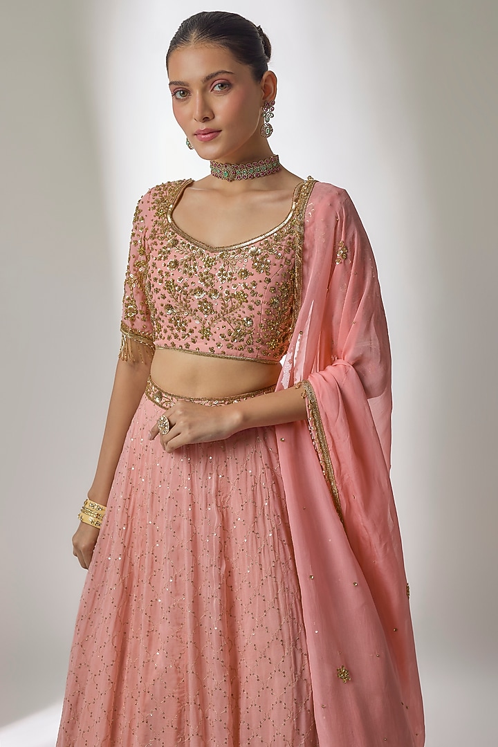 Peach Viscose Organza Sequin Embellished Wedding Lehenga Set by Essay by Sumedha Agrawal at Pernia's Pop Up Shop