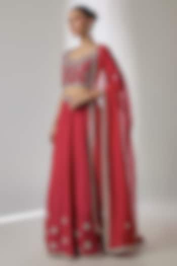 Dark Red Viscose Organza Mirror Embellished Wedding Lehenga Set by Essay by Sumedha Agrawal at Pernia's Pop Up Shop
