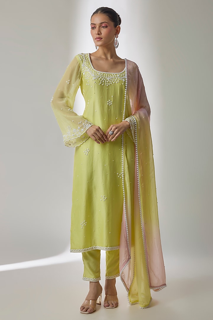 Yellow Silk Chanderi Hand Embroidered Kurta Set by Essay by Sumedha Agrawal at Pernia's Pop Up Shop