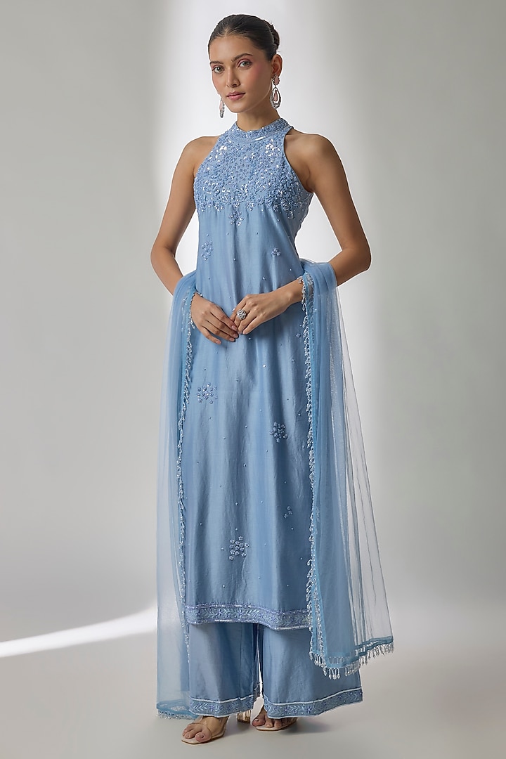 Ice Blue Silk Chanderi Hand Embroidered Kurta Set by Essay by Sumedha Agrawal at Pernia's Pop Up Shop