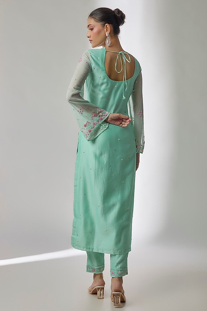 Mint Green Silk Chanderi Hand Embroidered Kurta Set by Essay by Sumedha Agrawal at Pernia's Pop Up Shop