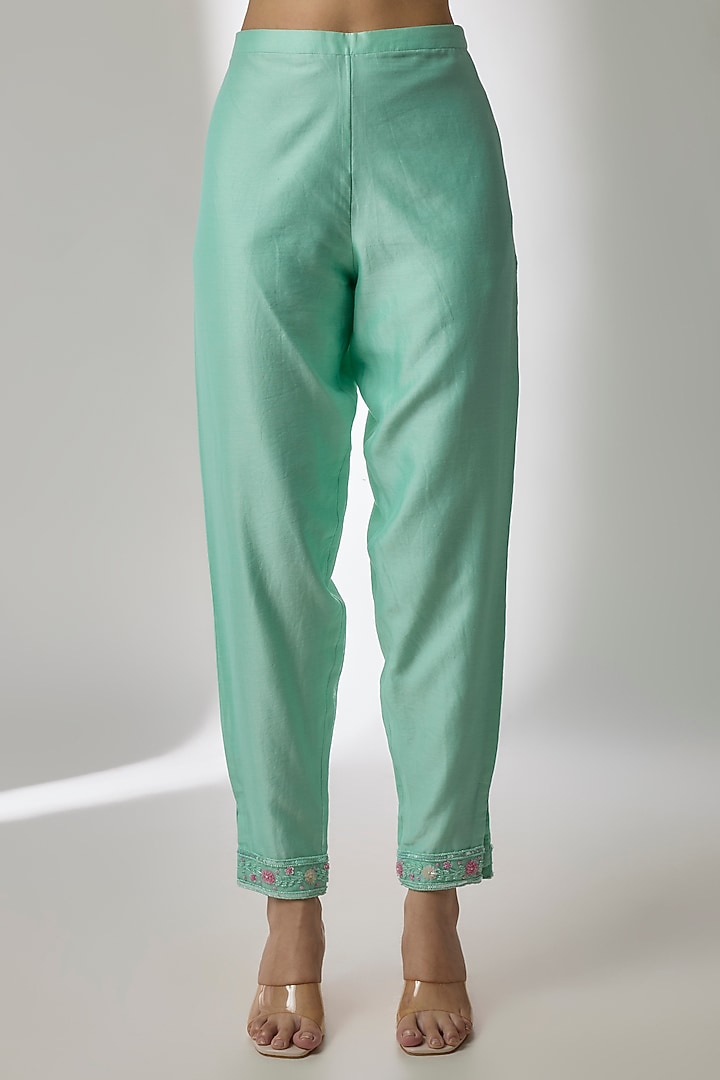 Mint Green Silk Chanderi Hand Embroidered Kurta Set by Essay by Sumedha Agrawal at Pernia's Pop Up Shop