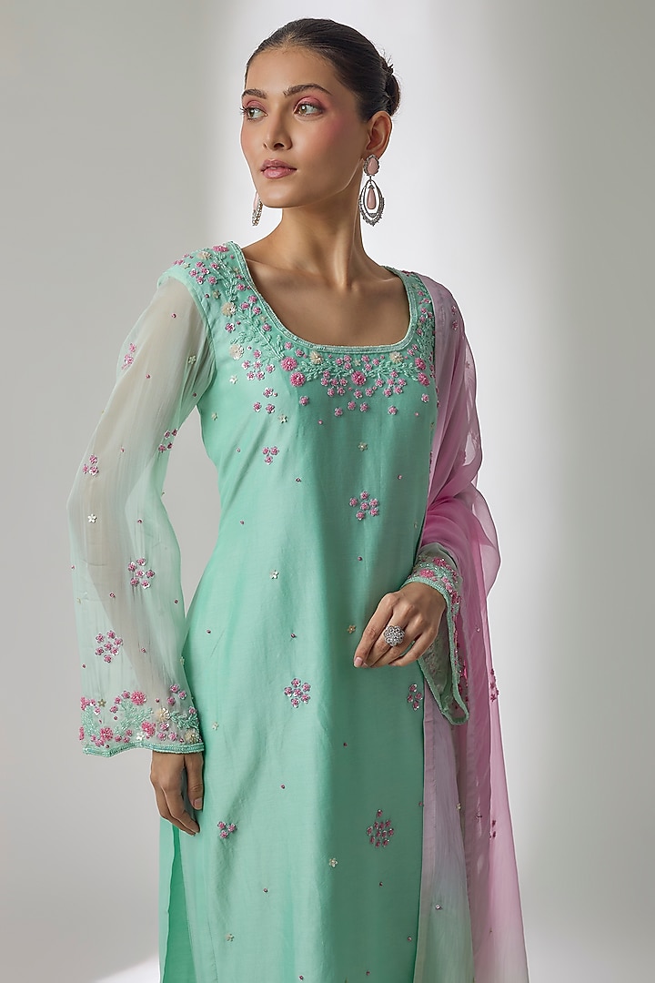 Mint Green Silk Chanderi Hand Embroidered Kurta Set by Essay by Sumedha Agrawal at Pernia's Pop Up Shop