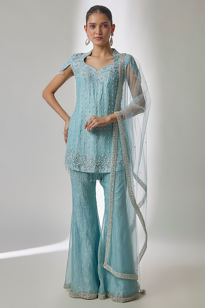 Blue Tissue Silk Wedding Sharara Set by Essay by Sumedha Agrawal at Pernia's Pop Up Shop