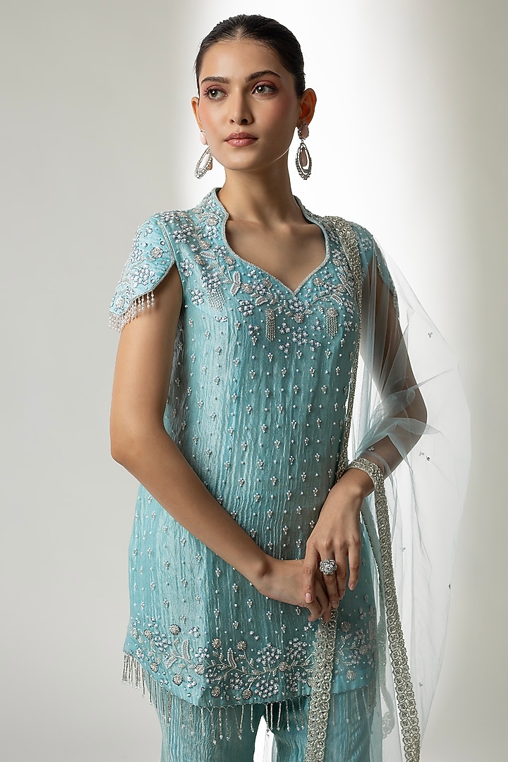 Blue Tissue Silk Wedding Sharara Set by Essay by Sumedha Agrawal at Pernia's Pop Up Shop