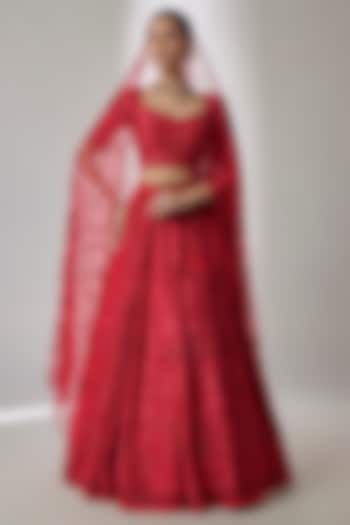Red Silk Dupion Hand Embroidered Bridal Lehenga Set by Essay by Sumedha Agrawal at Pernia's Pop Up Shop