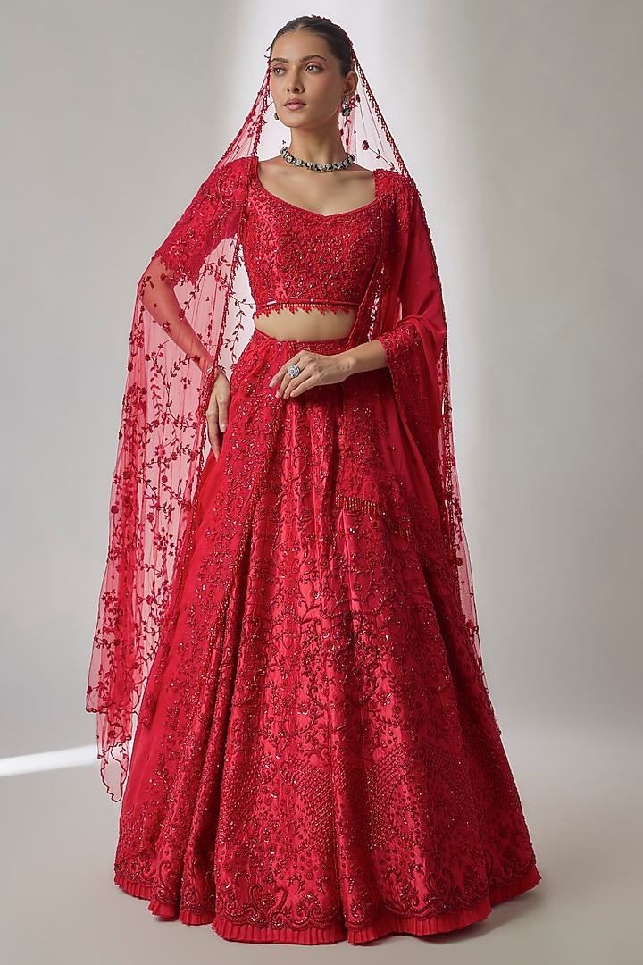 Red Silk Dupion Hand Embroidered Bridal Lehenga Set by Essay by Sumedha Agrawal at Pernia's Pop Up Shop