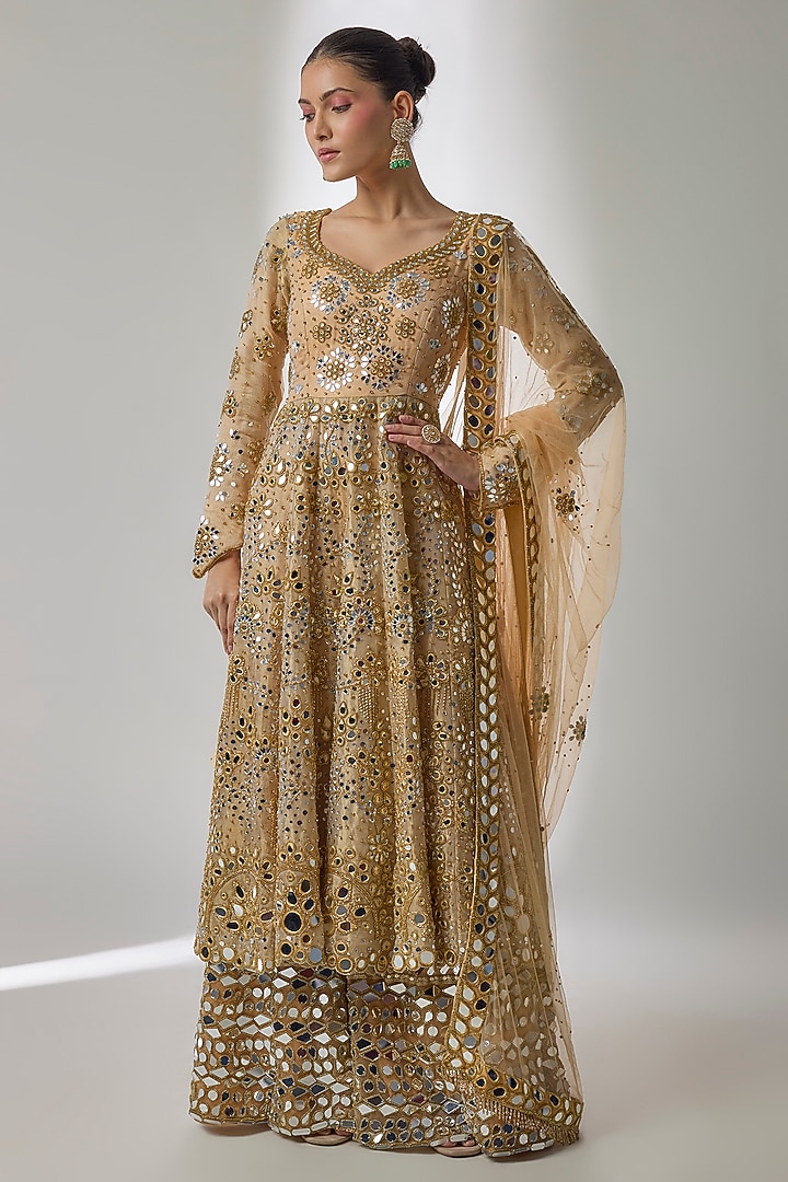 Gold Satin & Net Mirror Hand Embroidered Bridal Sharara Set by Essay by Sumedha Agrawal at Pernia's Pop Up Shop