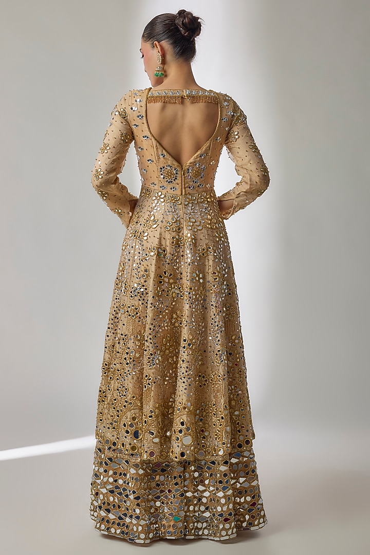 Gold Satin & Net Mirror Hand Embroidered Bridal Sharara Set by Essay by Sumedha Agrawal at Pernia's Pop Up Shop