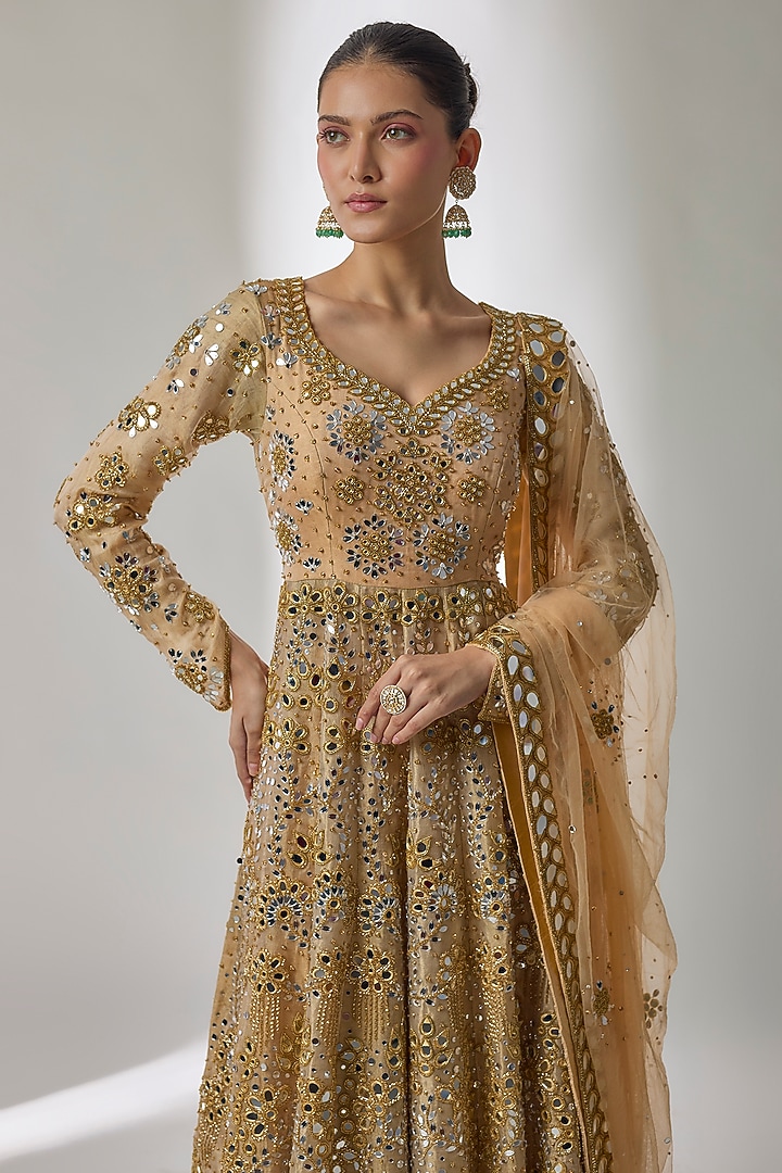 Gold Satin & Net Mirror Hand Embroidered Bridal Sharara Set by Essay by Sumedha Agrawal at Pernia's Pop Up Shop