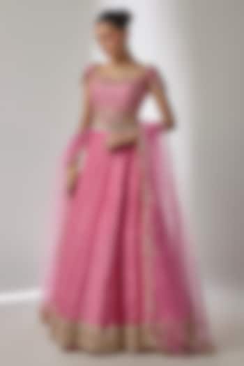 Pink Crushed Silk Tissue Sequin Embroidered Kalidar Wedding Lehenga Set by Essay by Sumedha Agrawal at Pernia's Pop Up Shop