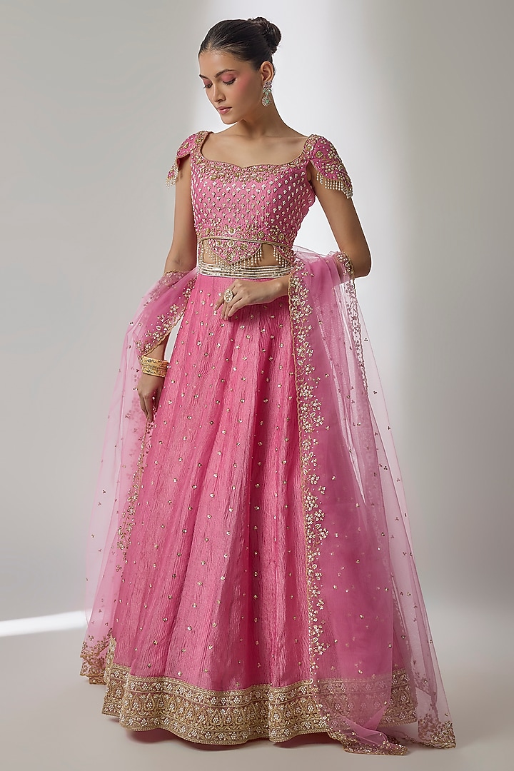 Pink Crushed Silk Tissue Sequin Embroidered Kalidar Wedding Lehenga Set by Essay by Sumedha Agrawal at Pernia's Pop Up Shop