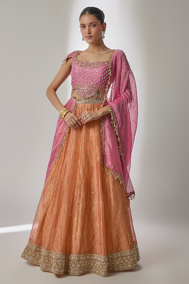 Orange Crushed Silk Tissue Sequin Embroidered Kalidar Wedding Lehenga Set by Essay by Sumedha Agrawal at Pernia's Pop Up Shop
