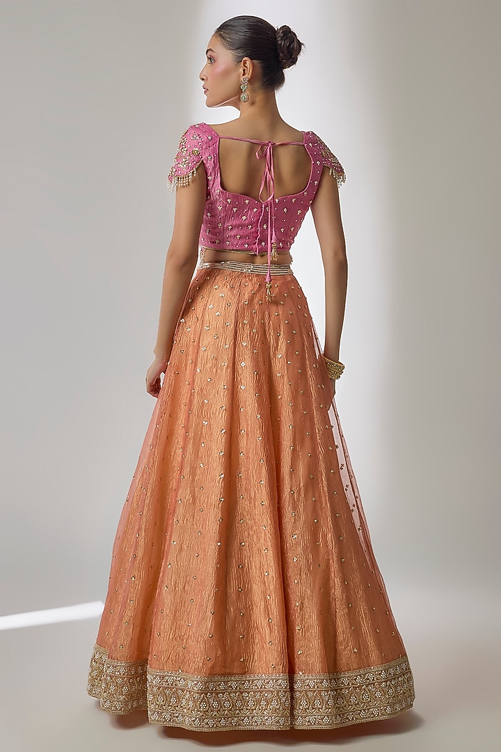 Orange Crushed Silk Tissue Sequin Embroidered Kalidar Wedding Lehenga Set by Essay by Sumedha Agrawal at Pernia's Pop Up Shop