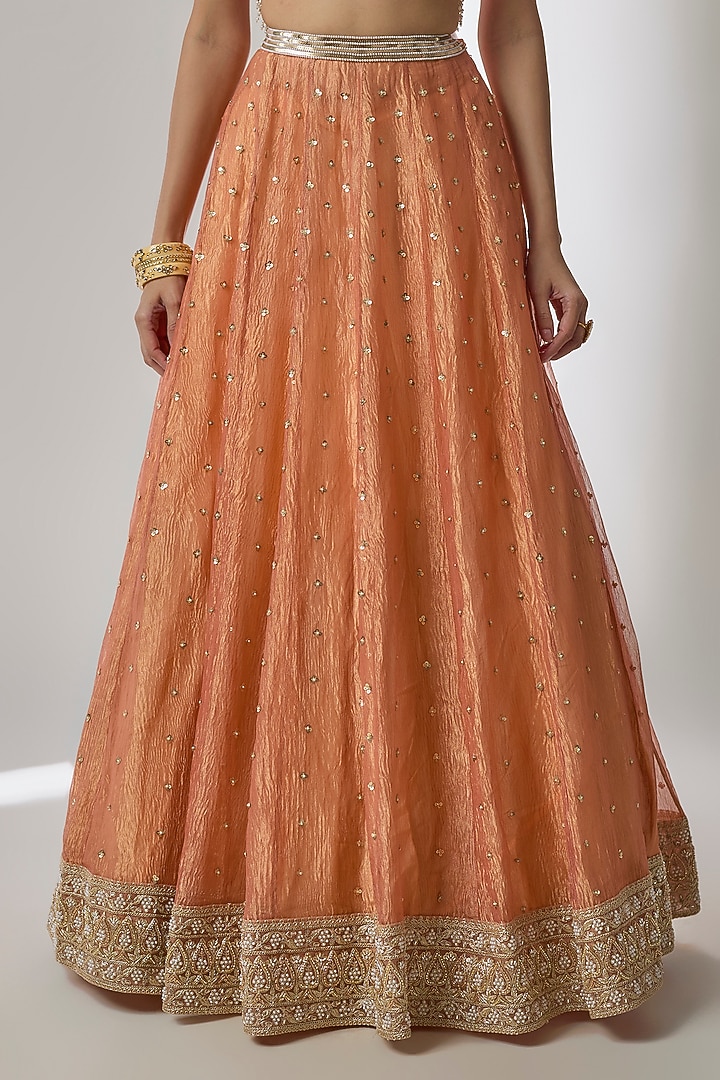Orange Crushed Silk Tissue Sequin Embroidered Kalidar Wedding Lehenga Set by Essay by Sumedha Agrawal at Pernia's Pop Up Shop